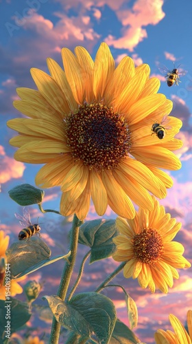 Sunflowers Bloom Under a Vibrant Sky With Bees Actively Pollinating During Go...