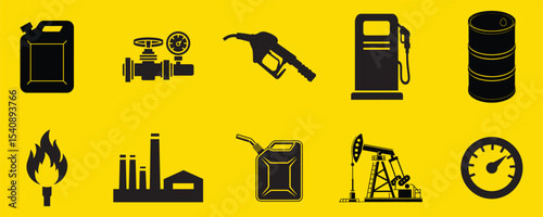 Collection of oil and fuel related icons. Oil industry icons set vector silhouettes. 