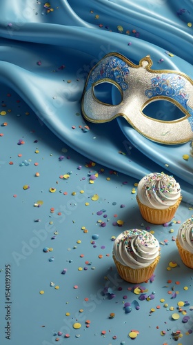 Colorful Cupcakes and Decorative Mask on Festive Table Setting for Celebration