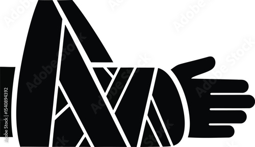 Black and white medical icon depicting an arm with a bandaged cast indicating injury or recovery