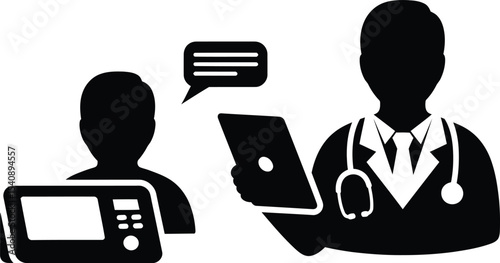 Medical consultation concept black silhouette doctor patient and medical equipment communication and healthcare illustration