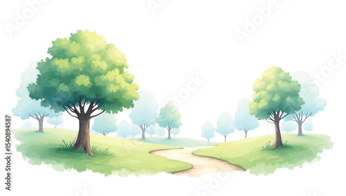 Water color forest.Vector illustration of an architectural trees.portrait image of jungle with lake and waterfall