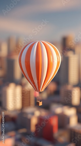 Colorful Hot Air Balloon Floats Over Cityscape at Sunrise Creating a Pictures...