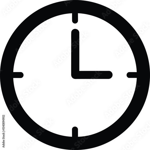 Simple black and white clock icon depicting time deadline and punctuality for web design and business concepts