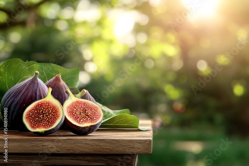 Fresh Figs on Wooden Table With Sunlight in Garden During Summer Afternoon