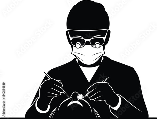 Black and white illustration of a dentist performing a dental examination with patient in a medical setting