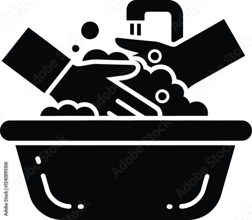 Hand washing with soap and water in a bowl a minimalist black and white vector illustration for hygiene and sanitation concepts
