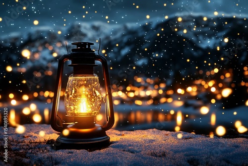 Warm Glow of a Lantern Against a Snowy Backdrop at Dusk With Sparkling Lights...