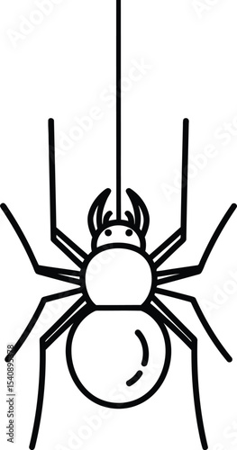 Simple black and white vector illustration of a hanging spider depicting arachnid nature and halloween theme