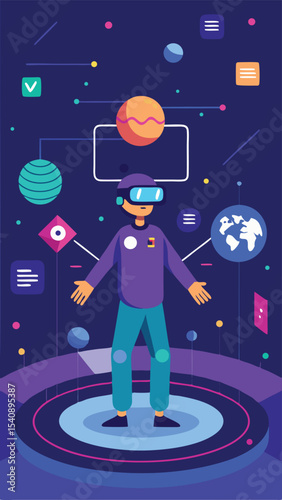 Futuristic virtual reality illustration featuring a person immersed in a digital universe