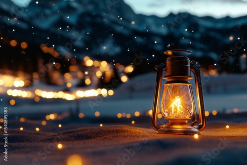Warm Glow of a Lantern Against a Snowy Backdrop at Dusk With Sparkling Lights...