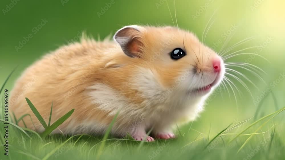 Curious hamster crawling over green grass under clear daylight sky Curious hamster crawling over green grass under clear daylight sky