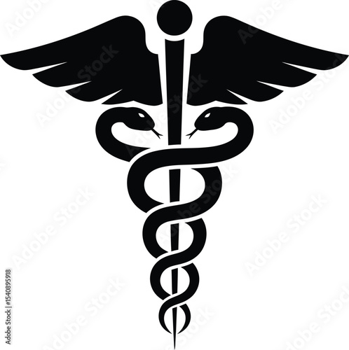 Caduceus symbol in silhouette represents medicine and healthcare with serpentine snakes and wings a classic emblem