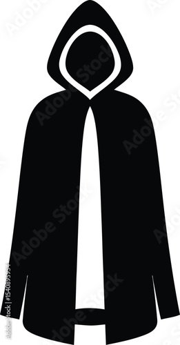 Vector illustration of a black cloak with a hood silhouette depicting mystery disguise secrecy and fantasy themes ideal for design projects.