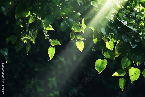Sunlight Filtering Through Green Leaves in a Tranquil Forest Setting During A...