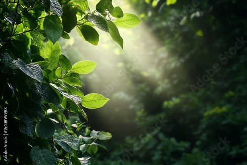 Sunlight Filtering Through Green Leaves in a Tranquil Forest Setting During A...