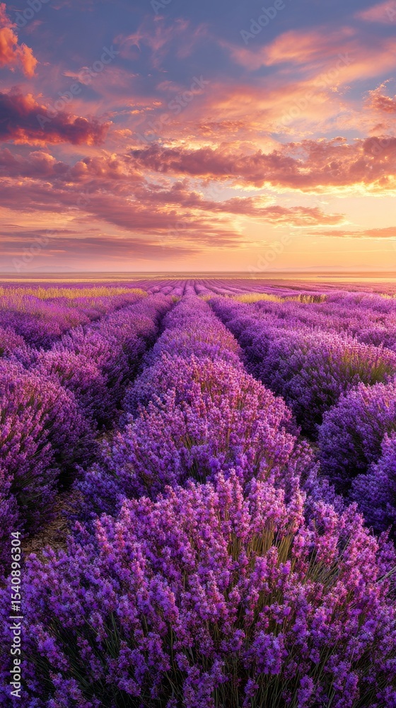 Obraz premium Lavender Fields in Full Bloom During Sunset Create Stunning Colorful Landscape.