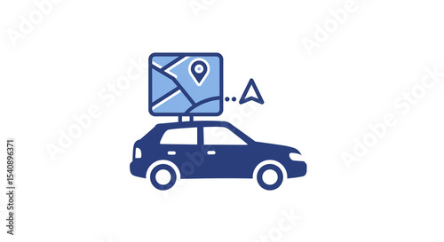 A blue car with a map on top pointing to a destination with an arrow on a white background