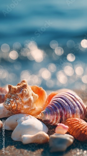 Colorful Seashells Scattered on a Sandy Beach During Sunny Day Near Gentle Waves