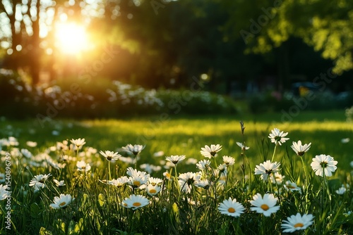 Bright Sun Illuminating a Field Filled With Blooming Daisies During Golden Ho...