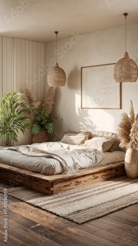Modern Rustic Bedroom With Natural Decor in a Sunlit Space