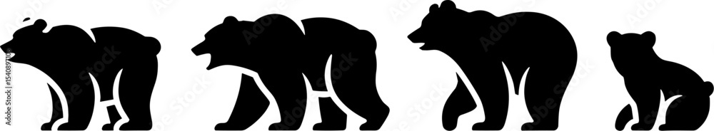 Fototapeta premium Black Bear Silhouettes Wild Animal Shapes Set
