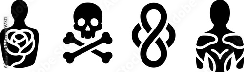 Black Tattoo Style Symbols Human Skull Bones Abstract Patterns