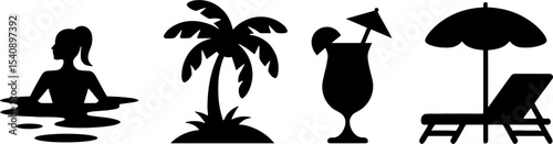 Woman Swimming Palm Tree Tropical Cocktail Beach Chair Umbrella Vacation