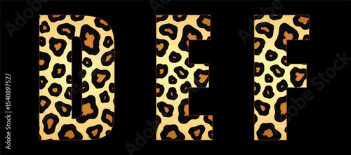Vector font with jaguar's pattern on black background.
A set of cartoon letters of english alphabet for
women clothing, fabric, textile, paper, packaging, 
women's handbag, inscription on t-shirt.