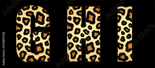 Vector font with jaguar's pattern on black background.
A set of cartoon letters of english alphabet for
women clothing, fabric, textile, paper, packaging, 
women's handbag, inscription on t-shirt.