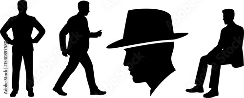 Silhouette Man Standing Walking Sitting Hat Profile Set