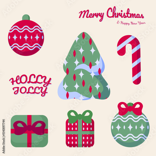 Merry Christmas winter holiday isolated element set with hanging balls, snow, pine, gift box, christmas candy cane. Happy New Year vector icon set.
