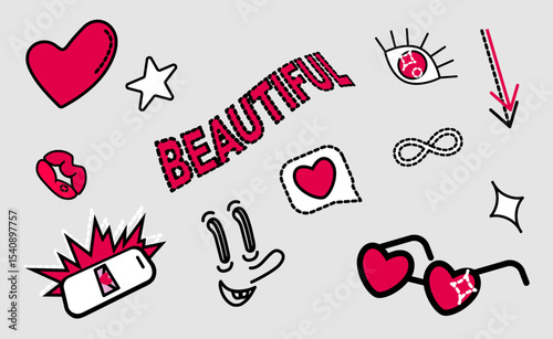 Fun doodle vector illustration set for children and teenager. Smartphone, heart, face, speech bubble, eye, sunglasses, lips. Beautiful modern trendy element set for girl.