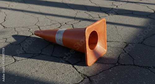 A toppled traffic cone resting on cracked asphalt