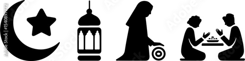 Islamic Ramadan Symbols Crescent Star Lantern Woman Praying Family Eating