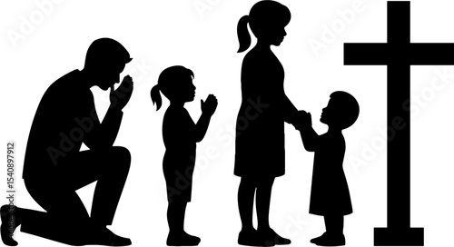 Family Praying Children Holding Hands Near Christian Cross Faith Concept