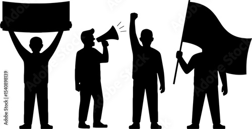Protesters Holding Blank Sign Megaphone Raised Fist Flag Demonstration