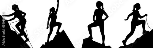 Female Mountain Climber Silhouettes Hiking and Conquering Peaks