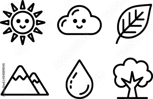Cute Weather Natures Set Smiling Sun Cloud Leaf Tree Drop