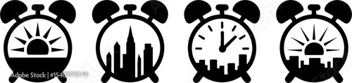 Alarm Clock Sunrise Sunset City Skyline Morning Evening Concept
