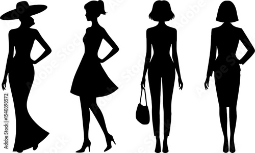 Fashion Woman Silhouettes Different Dresses Handbag High Heels