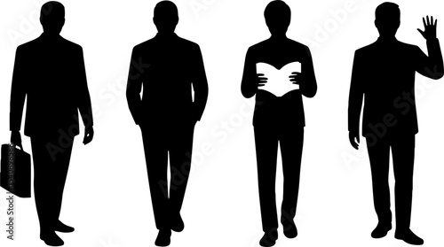 Businessman Silhouette Set Walking Holding Briefcase Reading Waving