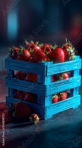 Bright Red Strawberries in a Blue Wooden Crate on a Wet Surface at Night.