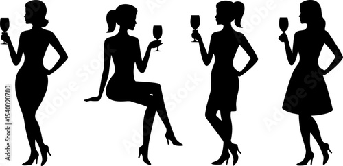 Women Silhouettes Holding Wine Glasses Party Celebration