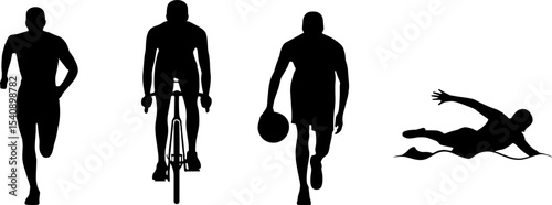 Triathlon Athlete Silhouettes Running Cycling Swimming Sports Set