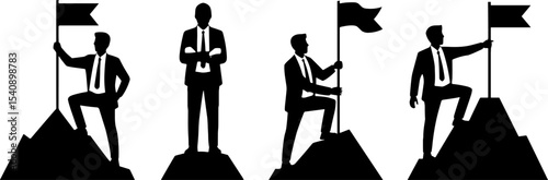 Businessman on Mountain Peak with Flag Success Achievement Concept