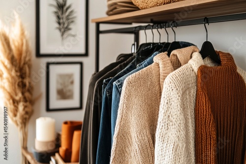 Cozy Autumn Sweaters Highlighting Warm Hues in a Modern Interior Setting With...