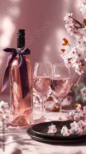 Elegant Setting With Rose Wine, Glasses, and Cherry Blossoms on a Soft Pink B...