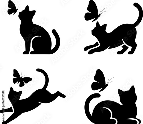 Playful Cat Silhouettes Chasing Butterfly Set Animal Interaction