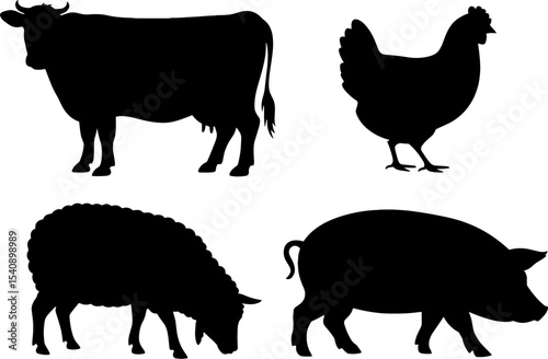 Farm Animal Silhouettes Cow Chicken Sheep Pig Set